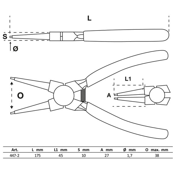 BGS Sprengringzange gerade für Innensprengringe 175 mm - 447-2