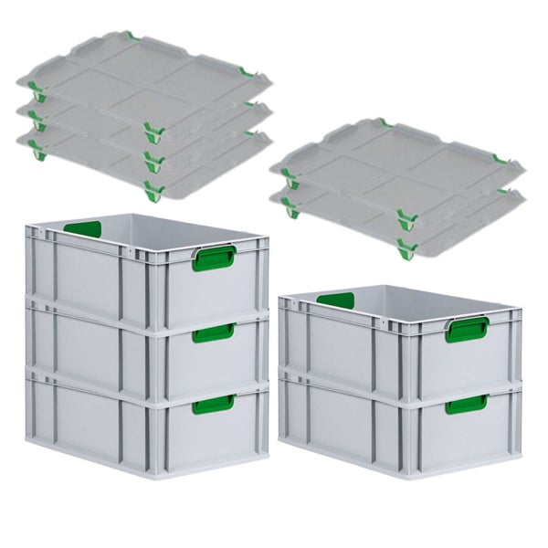 PROREGAL Spar Set 5x Eurobox Nextgen Color Mit Auflagedeckel & Schiebeschnappverschlüsse HxBxT 22 x 40 x 60 cm Griffe Grün Verstärkter Boden