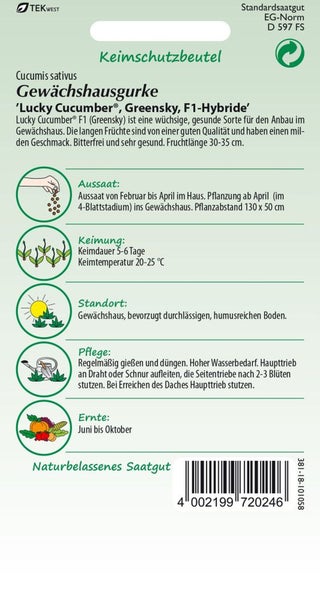Gewächshausgurke 'Lucky Cucumber' Saatguttüte mit Informationen zu Aussaat, Keimung, Standort, Pflege und Ernte
