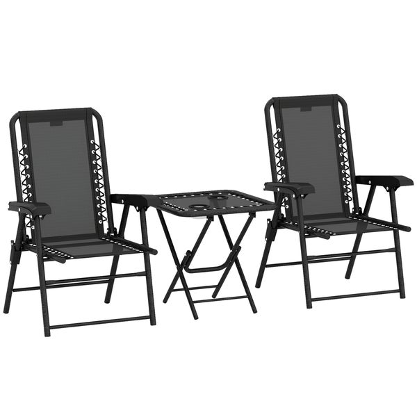 Dreiteiliges Gartenmöbel-Set aus zwei schwarzen Klappstühlen mit Textilbespannung und einem quadratischen Klapptisch mit zwei Getränkehaltern.