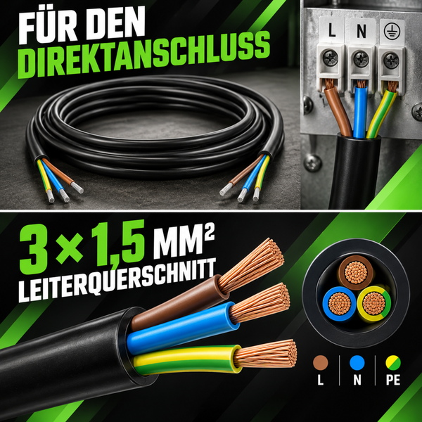 Elektrokabel für den Direktanschluss mit drei mal ein Komma fünf Quadratmillimeter Leiterquerschnitt und Adernkennzeichnung L N PE