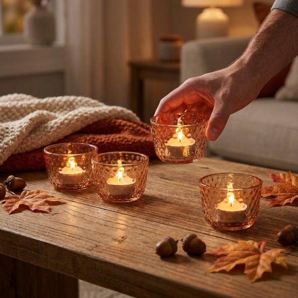 Eine Hand platziert ein strukturiertes Teelichtglas aus Glas mit brennender Kerze auf einem Holztisch mit herbstlicher Dekoration und Textilien.