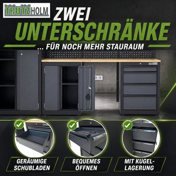 Trutzholm Logo. Werkbank mit zwei Unterschränken, Holz-Arbeitsplatte und Lochwand. Detailansicht der geräumigen, kugelgelagerten Schubladen.