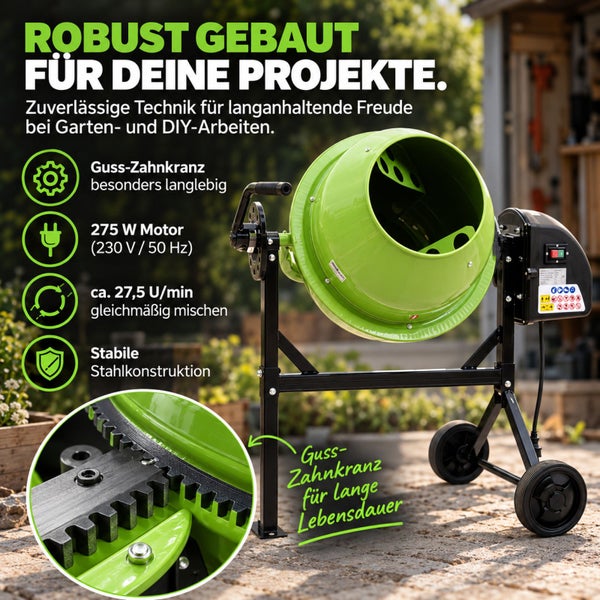 Betonmischer mit Guss Zahnkranz, 275 Watt Motor, stabile Stahlkonstruktion für Garten und Heimwerk Projekte.