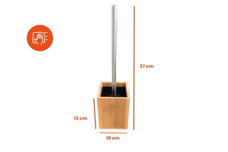 Toilettenbürste aus Bambus, Edelstahlstiel, Höhe 37 Zentimeter, Breite 10 Zentimeter, Behälterhöhe 13 Zentimeter. Leicht zu reinigen.