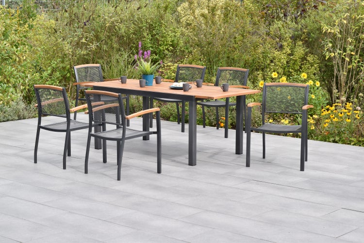 Tilos Gartenmöbelset 7tlg., Stapelsessel, Ausziehtisch 150 (200) x 90 cm