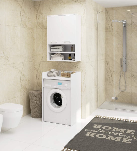 Modernes Badezimmer mit Waschmaschine, Badmöbeln und Dusche