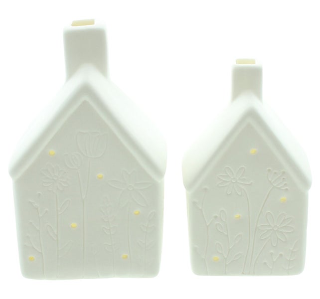 FRANK FLECHTWAREN | LED-Haus Blumenwiese, 2er Set, PORZELLAN, KUNSTSTOFF, 7,8 x 6,3 x 13 cm, 9,5 x 4 x 15,5 cm