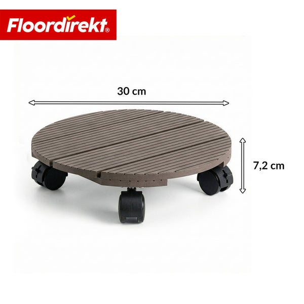 Floordirekt Logo. Runder Pflanzenroller aus Holzimitat mit Rollen und den Maßen 30 cm Durchmesser und 7,2 cm Höhe