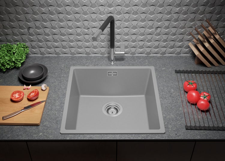 PRIMAGRAN Spülbecken Grau 46x47cm, Granitspüle 1 Becken + Ablauf-Set, Küchenspüle ab 50er Unterschrank - London Slim