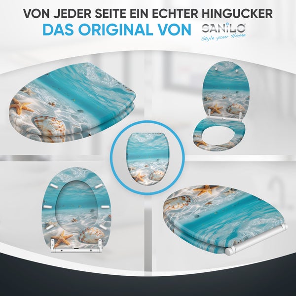 Verschiedene Ansichten eines Toilettendeckels mit Strandmotiv