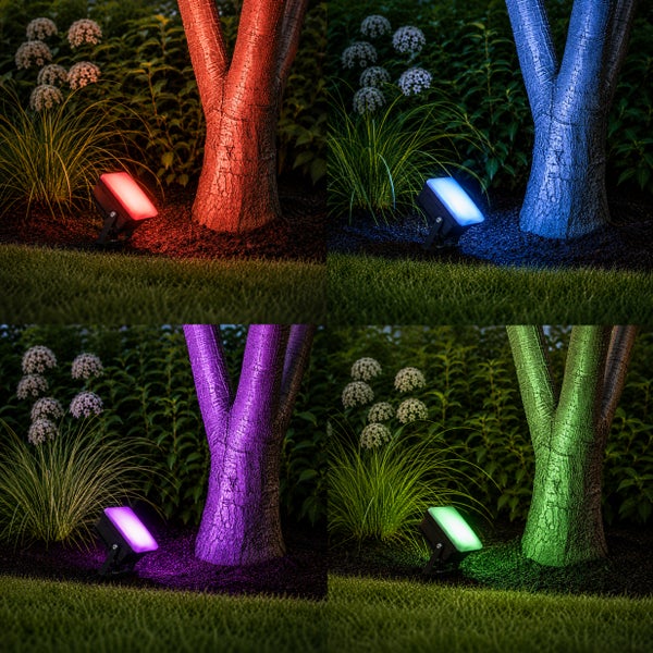 LED Außenstrahler für Garten zur Baumbeleuchtung mit verschiedenen Lichtfarben auf einer Collage dargestellt
