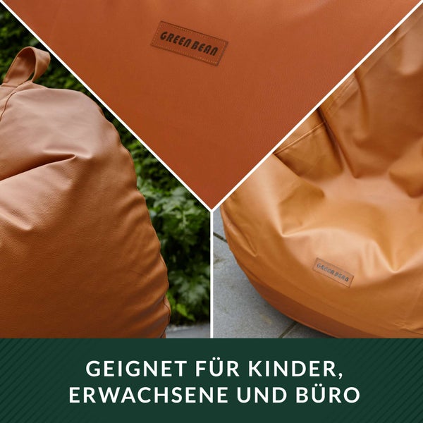 Green Bean Sitzsack aus Kunstleder mit EPS Perlen Füllung - 90 x 70 cm - Bean Bag Sitzkissen Sitzpuff Sitzsessel Bodenkissen Lounge - Cognac