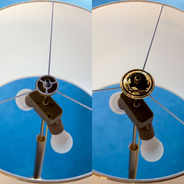 Detailaufnahme eines Lampenschirms mit Vergleich von Ringbefestigung und Knopfverschraubung