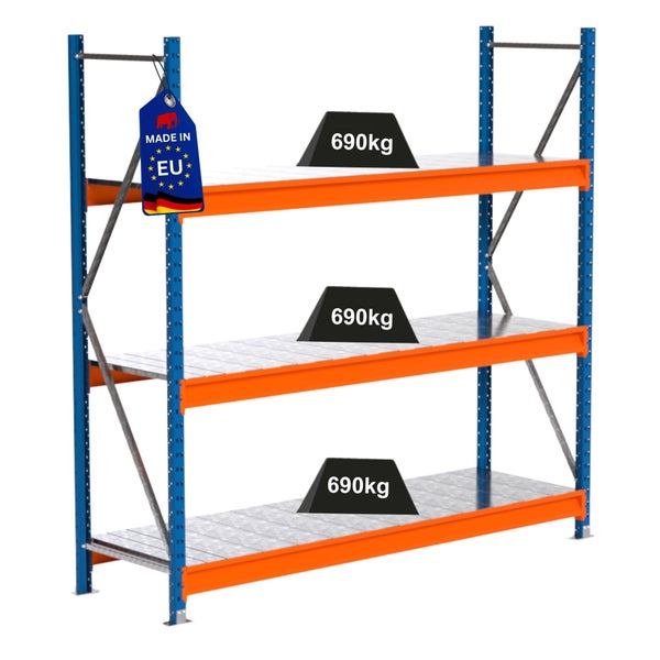 Lagerregal mit drei Ebenen und Gewichtsangabe von 690 Kilogramm pro Ebene, Hergestellt in der EU Siegel