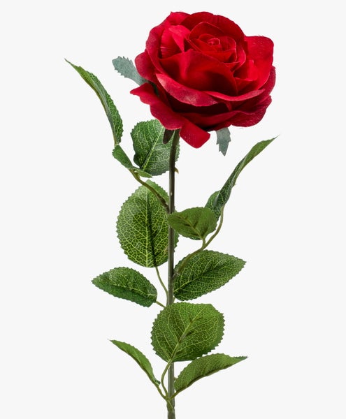 Künstliche rote Rose aus Textil mit grünem Blatt.