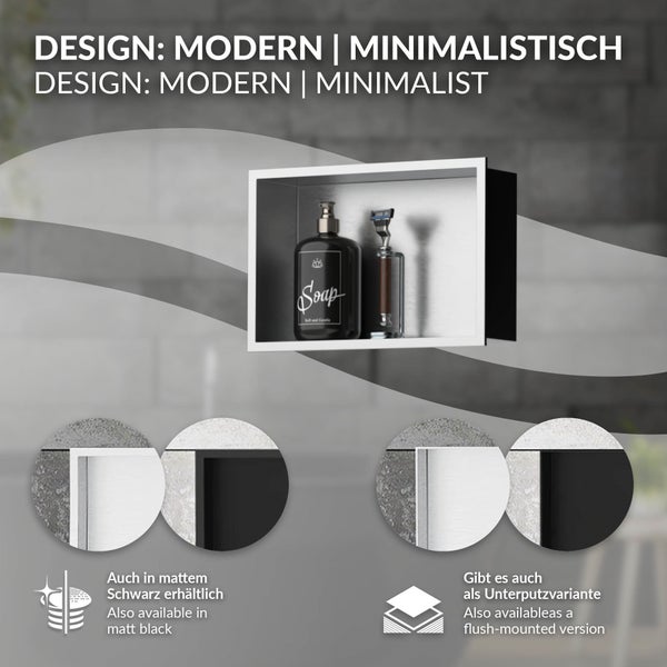 Moderne minimalistische Wandnische im Badezimmer mit Seifenspender und Rasierer. Verfügbar in Schwarz matt und als Unterputzvariante.