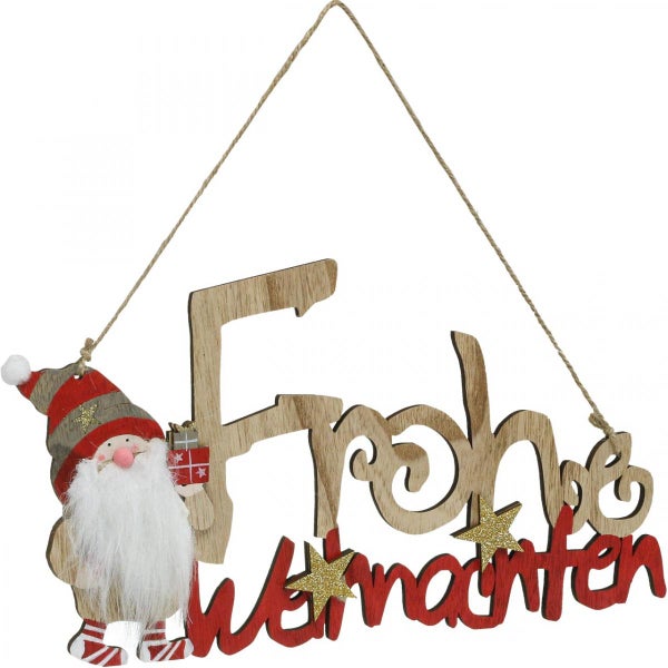 Dekoratives Holzschild mit der Aufschrift 'Frohe Weihnachten' und einer Zwergenfigur zum Aufhängen