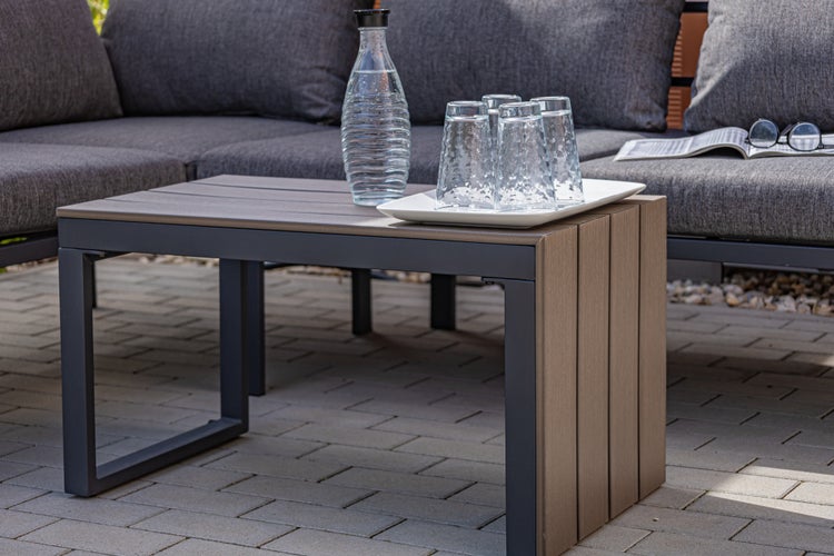 Ondis24 Lounge Ecksitzgarnitur mit Tisch Polywoodplatte, Stahl, Gartenmöbel