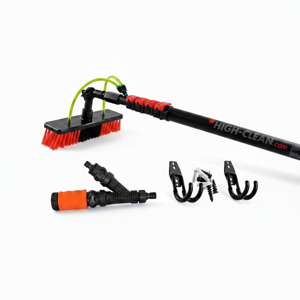 Teleskop-Waschbürsten-Set mit ausziehbarer Stange, Bürstenkopf, Wasseranschluss, Wandhaken und Montagematerial.