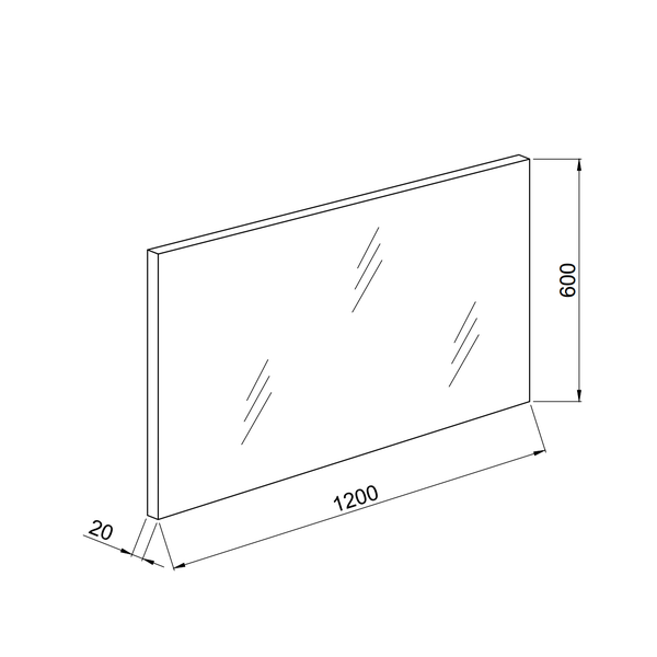 Technische Zeichnung eines Spiegels mit den Maßen 1200 x 600 x 20 mm