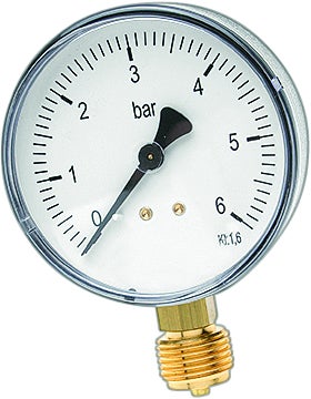 Manometer zur Druckmessung mit einer Skala von 0 bis 6 bar und einem Anschluss unten aus Messing.