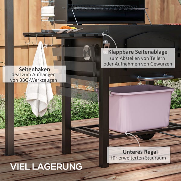 Outsunny Holzkohlegrill, BBQ Gartengrill, mit Smoker Warmhalteplatte Regale, 124 x 66 x 112 cm, Metall, Schwarz