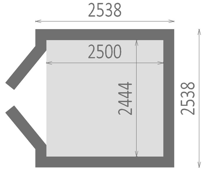 Grundriss eines Gartenhauses mit Außenmaßen von 2538 mal 2538 Millimetern und Innenmaßen von 2500 mal 2444 Millimetern.
