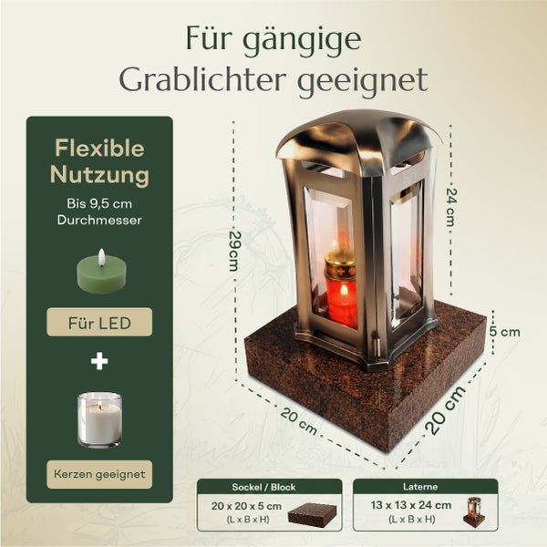 Grablampe mit Granitsockel, geeignet für Grablichter mit einem Durchmesser bis 9,5 Zentimeter, Maße der Laterne 13 mal 13 mal 24 Zentimeter.