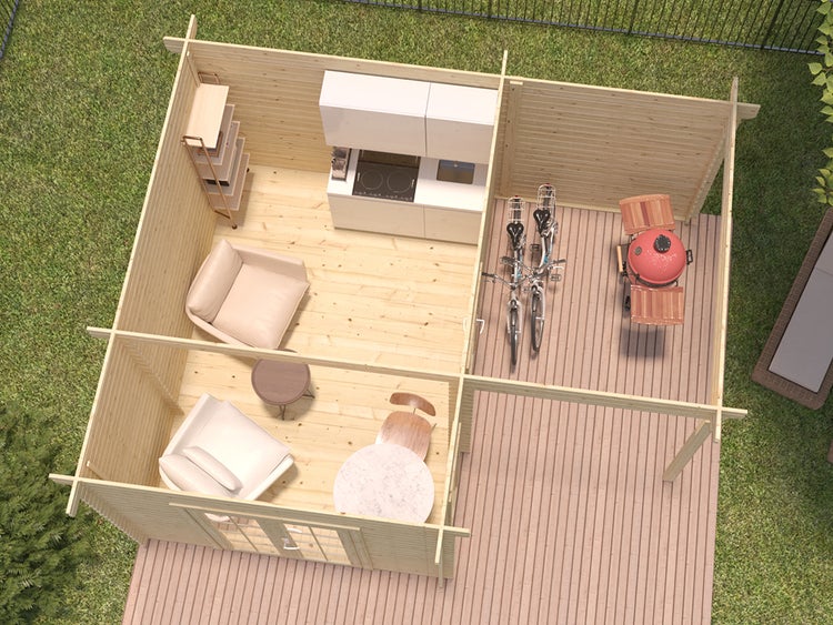 Draufsicht auf ein Gartenhaus aus Holz mit Wohnbereich, Küche und überdachter Terrasse mit Fahrrädern und Grill auf einem Holzdeck.