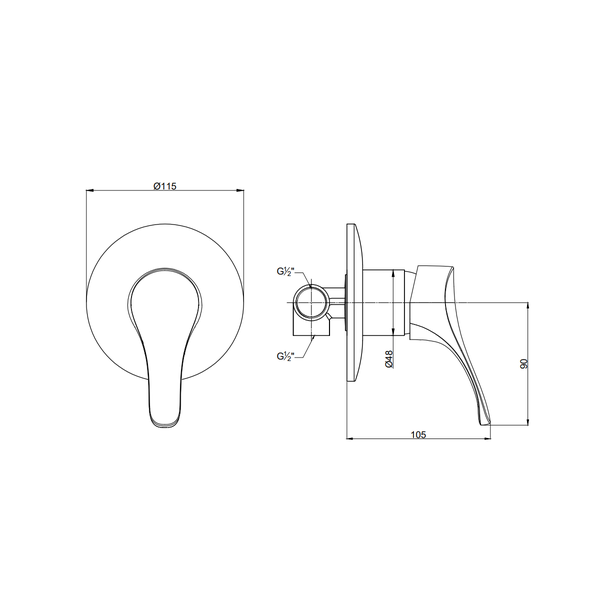 Technische Zeichnung einer Armatur mit Maßangaben