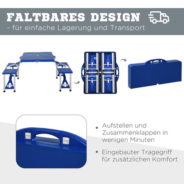 Outsunny Alu Campingtisch, Picknick Bank, mit 4 Sitzen, klappbar, 135,5 x 84,5x 66 cm, Aluminum, Kunststoff, Blau
