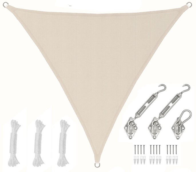 Dreieckiges Sonnensegel Beige inklusive Befestigungsset mit Seilen, Spannern, Karabinern, Wandösen, Schrauben und Dübeln für Garten und Terrasse.