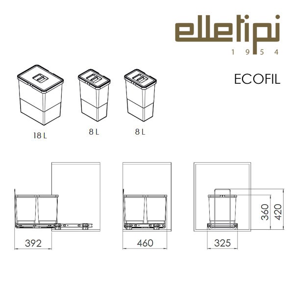 Technische Zeichnung des Elletipi Ecofil Abfalltrennsystems mit 18 Liter und 8 Liter Eimern sowie Maßangaben. Elletipi Logo.