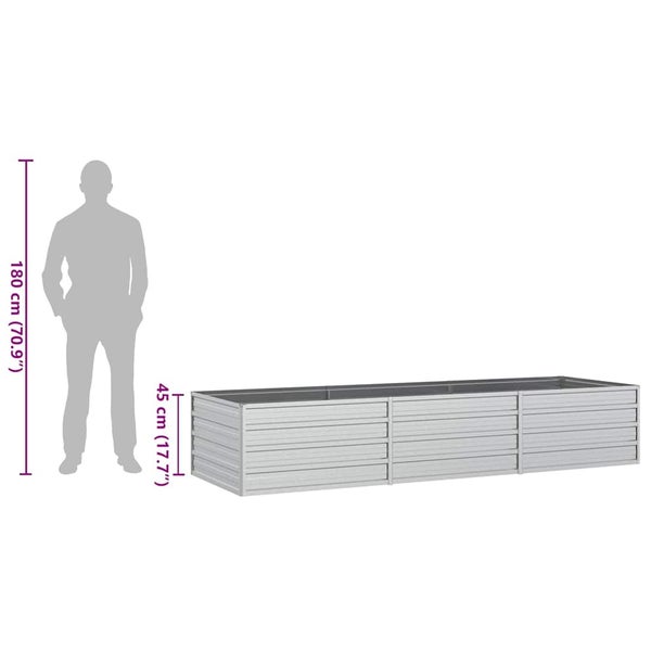 Rechteckiges Hochbeet aus Metall mit einer Höhe von 45 Zentimeter im Größenvergleich zu einer 180 Zentimeter großen Person.