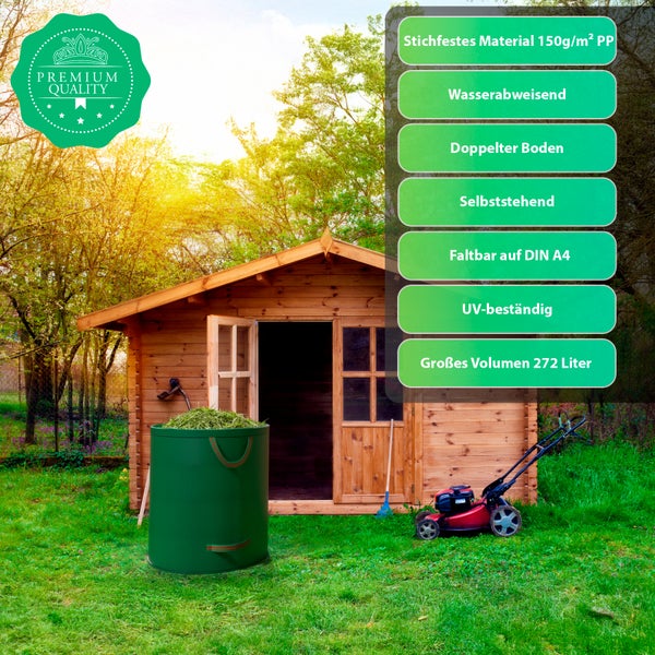 Gartenszene mit Laubsack, Gartenhaus und Rasenmäher