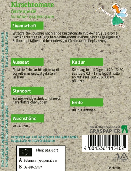 Rückseite einer Samentüte Kirschtomate Gartenperle mit Pflanzanleitung zu Aussaat, Standort, Wuchshöhe, Kultur und Ernte auf Graspapier.