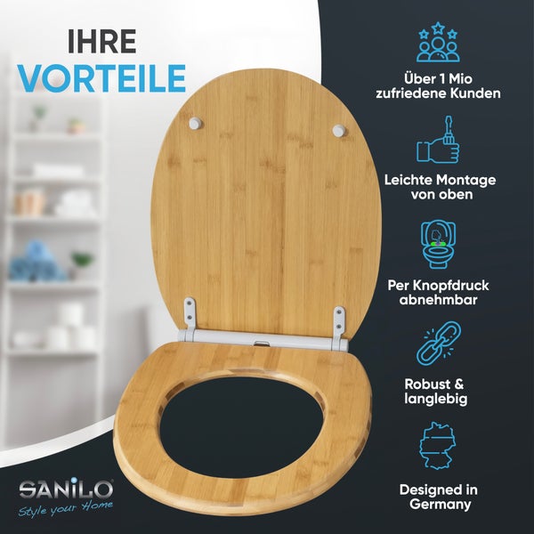Sanilo Toilettensitz aus Bambus mit Absenkautomatik und Schnellbefestigung in einer Übersichtsgrafik mit Produktvorteilen.