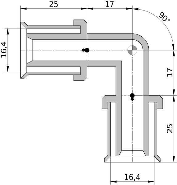 Technische Zeichnung eines 90-Grad-Rohrbogens mit Maßen 16,4, 17 und 25 Millimeter.