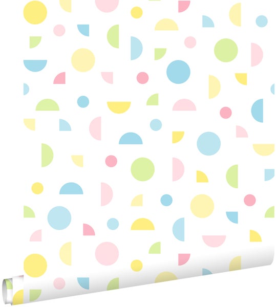 Vliestapete mit geometrischem Muster aus Kreisen und Halbkreisen in verschiedenen Pastelltönen.