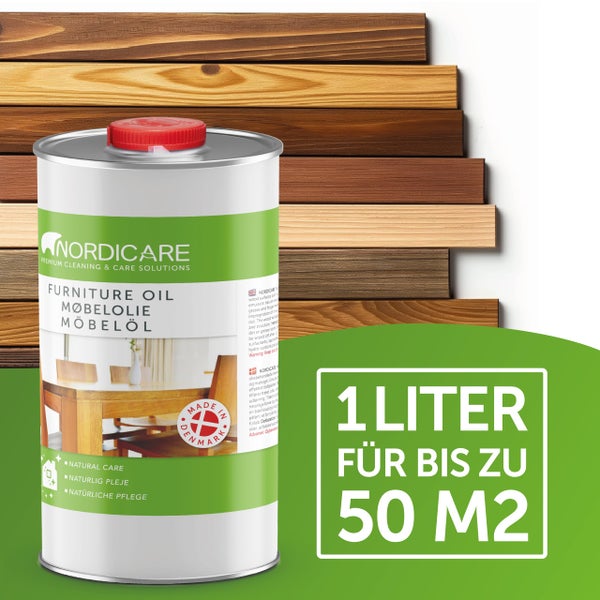 Nordicare Möbelöl [1L] Holzöl zur Pflege farblos für Eiche, Buche, Nussbaum, Lärche. Holzlasur auf Basis von Leinöl. Leinölfirnis