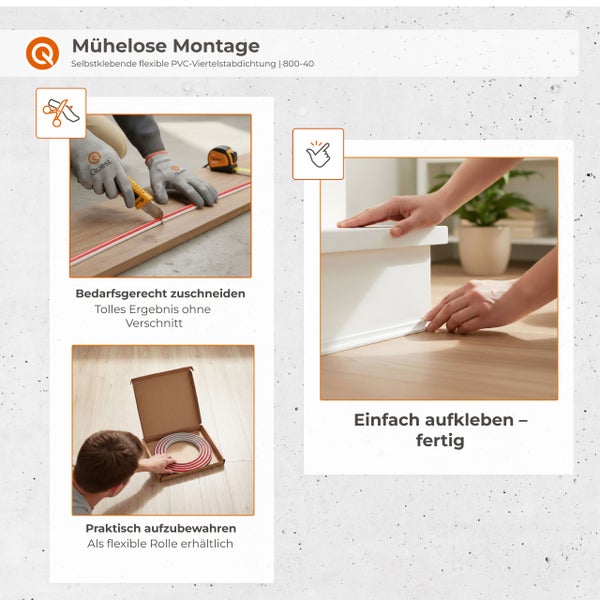 Infografik zur Montage der selbstklebenden flexiblen PVC Viertelstabdichtung mit Anweisungen zum Zuschneiden, Aufkleben und zur Lagerung der Rolle.