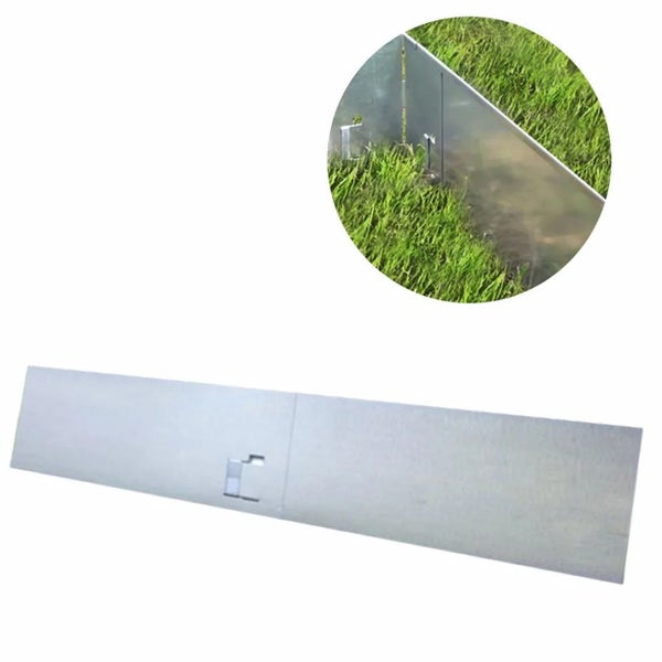 Rasenkante aus Metall zur Beeteinfassung mit Detailansicht der Verbindung im Rasen.