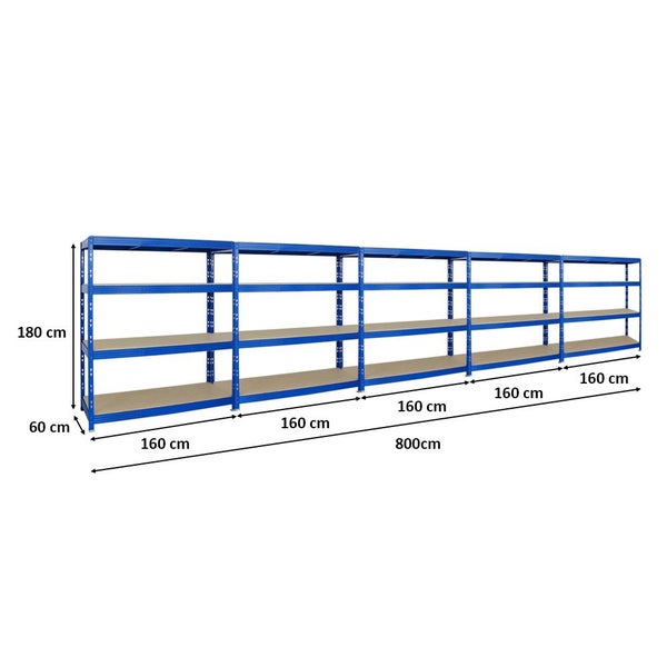 PROREGAL Mega Deal 5x Profi Schwerlastregal Rhino HxBxT 180 x 160 x 60 cm 4 Spanplatten-Ebenen 16mm Fachlast 500 kg Blau