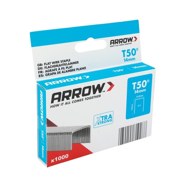 Arrow Flachdrahtklammern T50, 1000 Stück, 14 Millimeter Länge, 10,6 Millimeter Breite, extra stark.