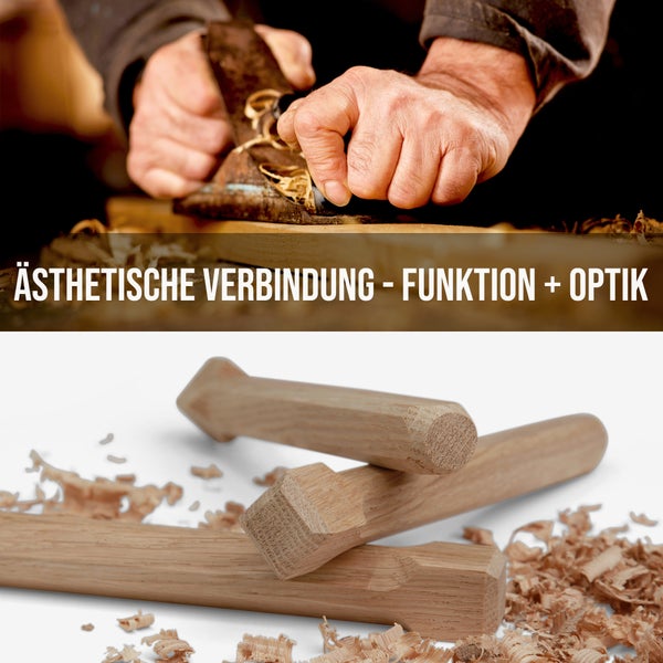 Hobel in Benutzung und Holzverbindungsstücke mit Spänen