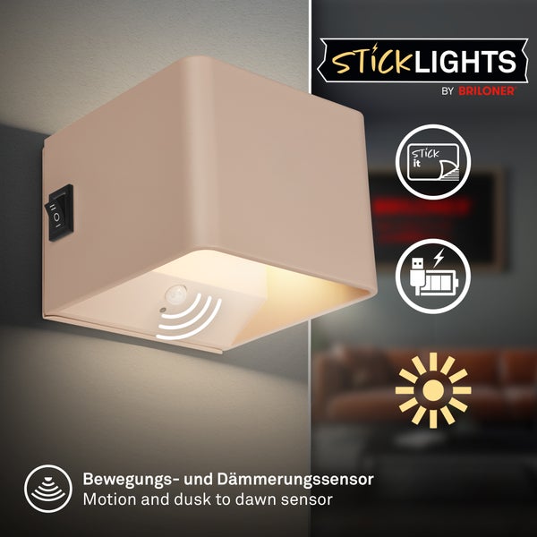 Briloner Wandleuchte mit Bewegungs- und Dämmerungssensor, USB-Ladefunktion und selbstklebender Montage. Briloner Logo.