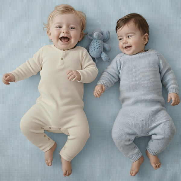 Zwei lächelnde Babys auf einer blauen, strukturierten Spielmatte. Eines trägt einen cremefarbenen, das andere einen hellblauen Einteiler.