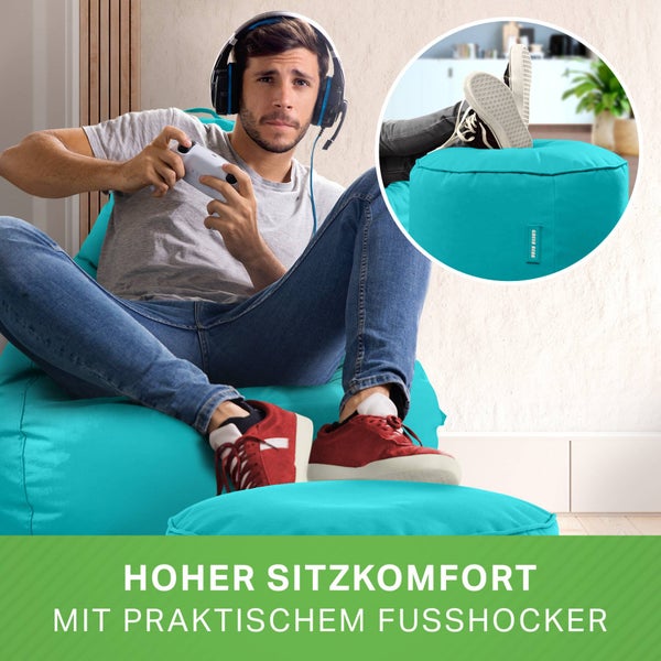 Green Bean 2er Set Sitzsack + Hocker - fertig befüllt - robust waschbar schmutzabweisend - Kinder & Erwachsene Bean Bag Bodenkissen Lounge Sitzhocker Relax-Sessel Gamer Gamingstuhl Pouf - Türkis