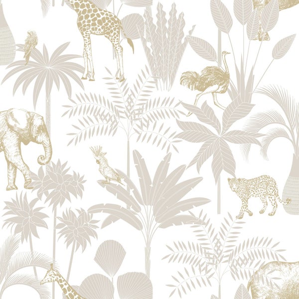 Vliestapete mit Safari-Motiven wie Elefant, Giraffe und Leopard sowie tropischen Palmenblättern in skizziertem Design.